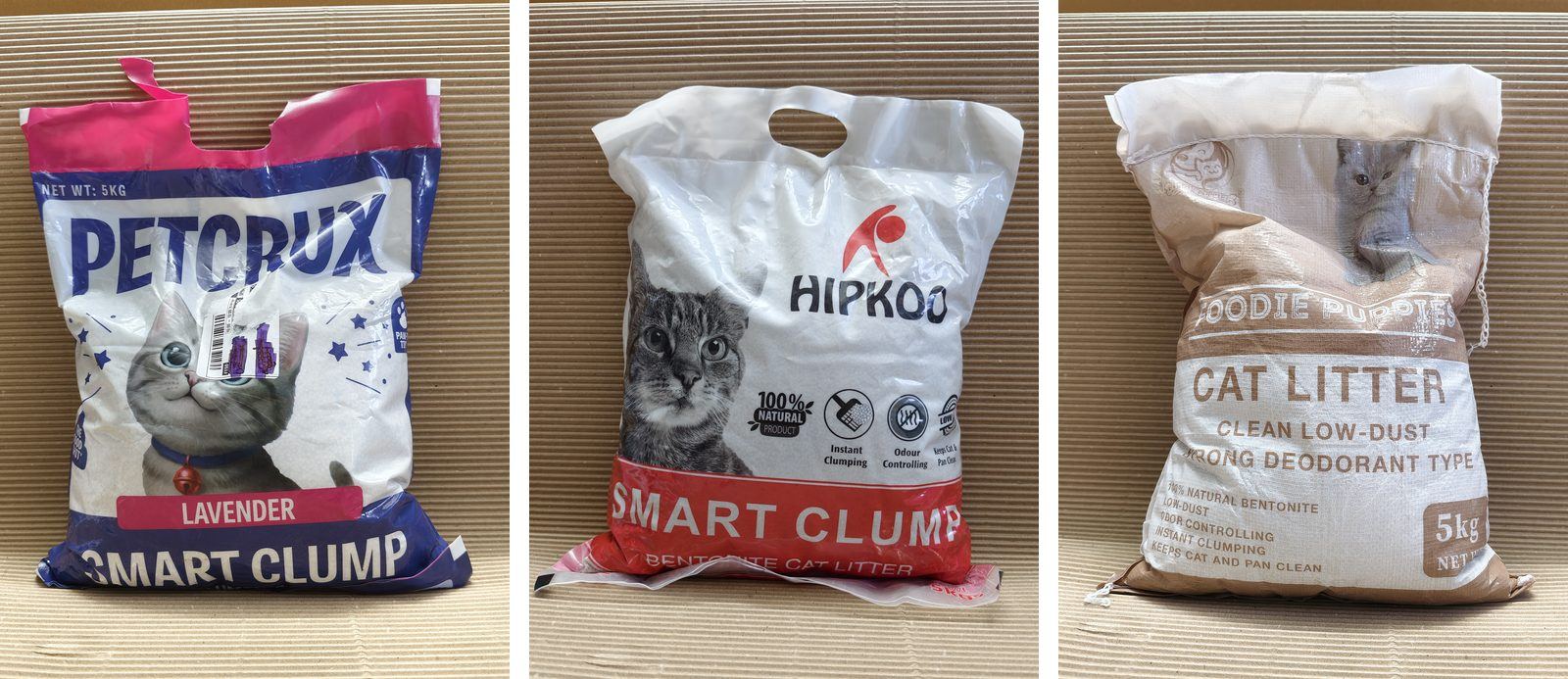 The three bags of litter on cardboard: PetCrux Lavender, Hipkoo and Foodie Puppies, 5 kg each